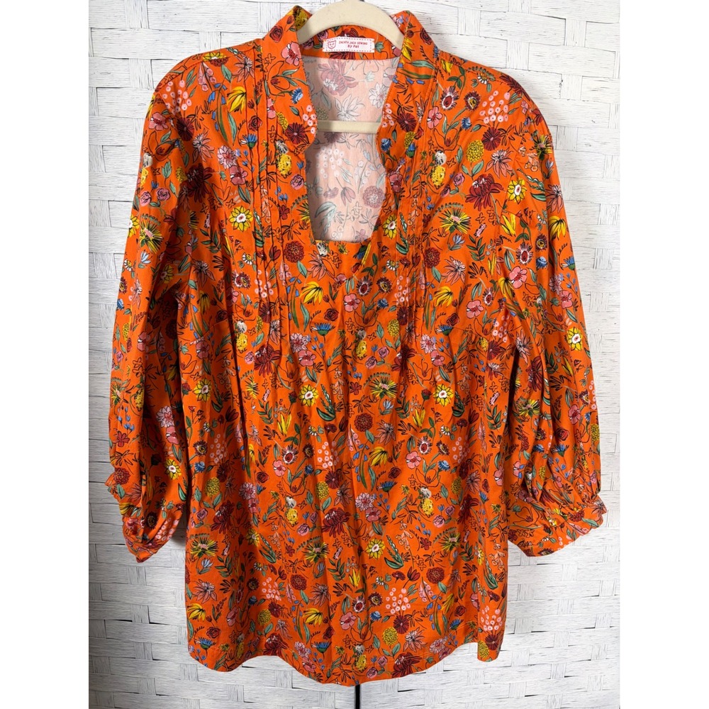 Zacata‎ Jack Sewing by Pat Tunic Blousy Floral Pleated Split Neck 3/4 Sleeve